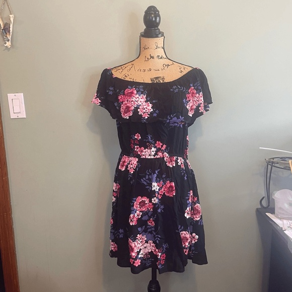 No Boundaries Womens Floral Off the Shoulder Flounce Mini Dress Black Pink Sz XL - Picture 1 of 5